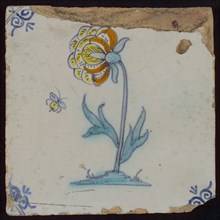 Tile, flower on the ground and flying insect in yellow, orange, green and blue on white, corner pattern ox head, wall tile