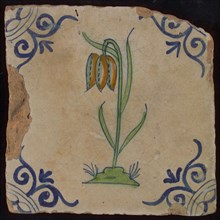 Tile, flower on plot in green, orange and blue on white, corner pattern ossenkop, wall tile tile sculpture ceramic earthenware