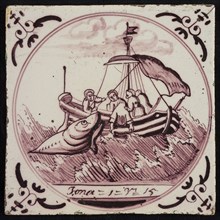 Scene decor, boat with four men throwing Jonas overplate, corner motif of ox-head, wall tile tile sculpture ceramic earthenware