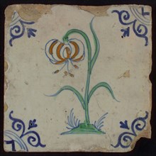 Tile, flower on ground in orange, green and blue on white, corner motif oxen head, wall tile tile sculpture ceramic earthenware