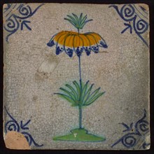 Tile, flower on ground in orange, yellow, green and blue on white, corner motif oxen head, wall tile tile sculpture ceramic