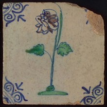 Tile, flower on ground in purple, green and blue on white, corner motif oxen head, wall tile tile sculpture ceramic earthenware