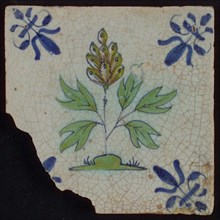 Tile, flower on ground in yellow, brown, green and blue on white, corner pattern french lily, wall tile tile sculpture ceramic