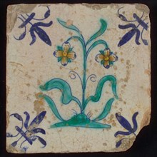 Tile, double flower on ground in yellow, orange, green and blue on white, corner pattern french lily, wall tile tile sculpture