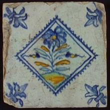 Tile, flower on spot in yellow, orange, green and blue on white, inside serrated square, corner pattern french lily, wall tile