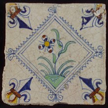 Tile, flower on ground in brown, yellow, green and blue on white, inside serrated square with plume, corner pattern french lily