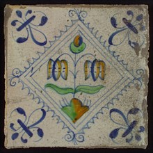 Tile, double flower on small ground in orange, green and blue on white, inside serrated square with plume, corner pattern french