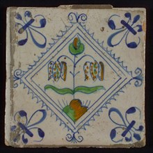 Tile, double flower on ground in orange, green and blue on white, inside serrated square with plume, corner pattern french lily