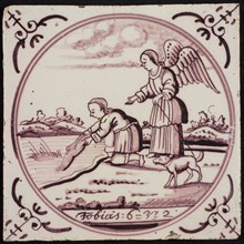 Scene tile, Tobias receives fish from river, angel Raphael behind him, corner motif ox's head, wall tile tile sculpture ceramic