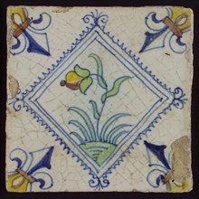 Tile, flower on ground in yellow, brown, green and blue on white, inside serrated square with plume, corner pattern french lily