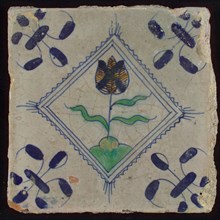 Tile, tulip on ground in yellow, purple, green and blue on white, inside serrated square with tuft, corner pattern french lily