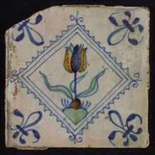 Tile, tulip on ground in yellow, purple, green and blue on white, inside serrated square with plume, corner pattern french lily