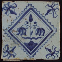 Tile, double flower on spot in blue on white, inside serrated square, corner pattern french lily, wall tile tile sculpture