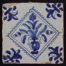 Tile, flower pot in blue on white, inside serrated squared, corner pattern french lily, wall tile tile sculpture ceramic