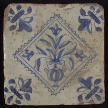 Tile, flowerpot in blue on white, inside serrated square, corner pattern french lily, wall tile tile sculpture ceramic
