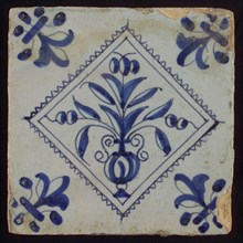 Tile, flower pot in blue on white, inside serrated square, corner pattern french lily, wall tile tile sculpture ceramic