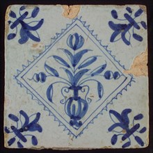 Tile, flowerpot in blue on white, inside serrated square, corner pattern french lily, wall tile tile sculpture ceramic