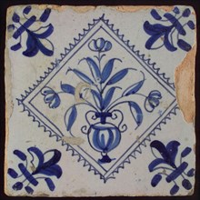 Tile, flower pot in blue on white, inside serrated squared, corner pattern french lily, wall tile tile sculpture ceramic