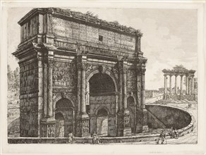 The Arch of Septimus Severus, 1820, Luigi Rossini, Italian, 1790-1857, Italy, Etching on off-white