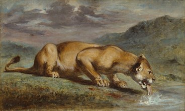 Wounded Lioness, 1840/50, Pierre Andrieu, French, 1821-1892, France, Oil on canvas, 33.4 × 56.3 cm