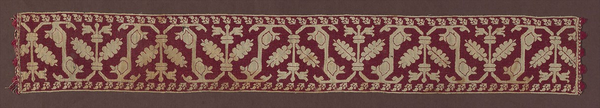 Border, 1601/25, Italy, Linen, plain weave, pulled thread work embroidered with silk in back,