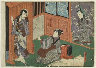 Actors as Genroku, Otsuma, and Shokuro, from an untitled series of half-block images of kabuki