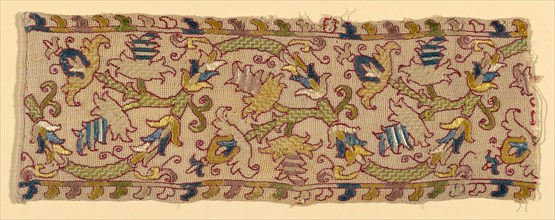 Border, 17th century, Italy, Linen, plain gauze weave, embroidered with silk floss in running,