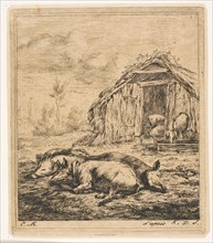 Three Pigs Lying in Front of a Shed, 1850, Charles Meryon (French, 1821-1868), after Karel Dujardin