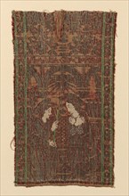 Fragment from an Orphrey, 15th century, Italy, Silk, linen, and gold gilt strip intergrated
