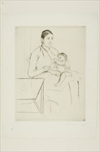 Nursing, c. 1890, Mary Cassatt, American, 1844-1926, United States, Drypoint in black on ivory laid