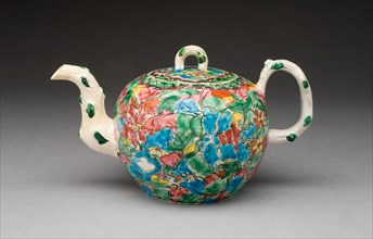 Teapot, c. 1760, England, Staffordshire, Staffordshire, Salt-glazed stoneware, polychrome enamels,
