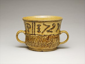 Cup, 1724, Staffordshire, England, Staffordshire, Earthenware with slipware decoration, 21.8 × 12.9