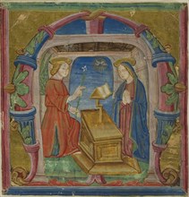 The Annunciation in a Historiated Initial M from an Antiphonary, 15th century, Italian (Lombardy),