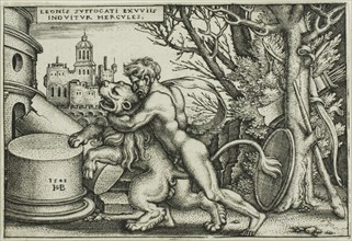 Hercules and the Nemean Lion, from The Labors of Hercules, 1548, Sebald Beham, German, 1500-1550,