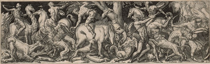 Combat of Men and Animals, 1550/1572, Etienne Delaune, French, c. 1519-1583, France, Engraving on