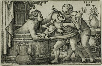 Buffoon and Two Bathing Women, 1541, Sebald Beham, German, 1500-1550, Germany, Engraving in black