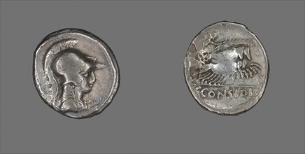 Denarius (Coin) Depicting the Goddess Minerva, about 46 BC, Roman, Roman Empire, Silver, Diam. 2