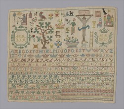 Sampler, 1803, Germany, Linen, plain weave, embroidered with silk, 36.2 x 31.1 cm (14 1/4 x 12 1/4