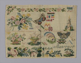 Sampler, 19th century, Germany, Wool, plain weave, embroidered with silk yarns in Algerian eye,