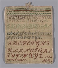 Sampler, 1851, Germany, Linen, plain weave, embroidered with silk, 26.7 x 30.5 cm (10 1/2 x 12 1/2