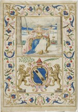 Figure of Justice and Shield with Lions Rampant, n.d., European, Europe, Manuscript cutting with
