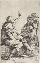 A bearded old man seated on a rock and making a hortatory gesture toward three men opposite him,