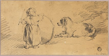 Child Playing with Ball and Dog, 1791, George Morland, English, 1763-1804, England, Black crayon on