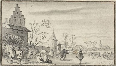 Skaters on Pond Outside Town, n.d., Attributed to Allart van Everdingen, Dutch, 1621-1675, Holland,