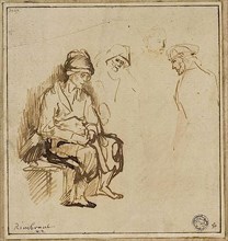 Woman Seated on Bench and Three Sketches of Heads, n.d., School of Rembrandt van Rijn, Dutch,