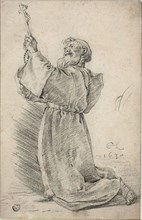 Kneeling Monk Holding a Crucifix, 1630, Cornelis Saftleven, Dutch, 1607-1681, Holland, Black chalk