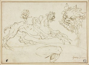 Four Sketches: Griffin, Grotesque Head, Head of Satyr, Bent Leg, 1590/94, Attributed to Agostino