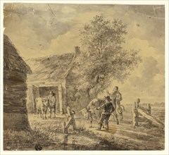 Farm with Men and Cows, n.d., Possibly Ferdinand Kobell, German, 1740-1799, Germany, Brush and gray