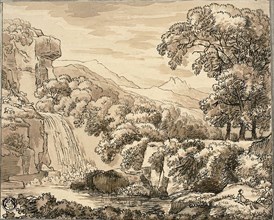 Mountain Landscape with Waterfall and Figures, n.d., Carl August Lebschée, German, 1800-1877,
