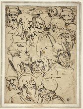 Sketches of Heads, c. 1565, After Luca Cambiaso, Italian, 1527-1585, Italy, Pen and brown ink, on